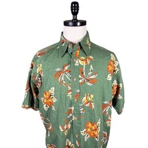 Hilfiger Mens Tropical Palm Tree Hibiscus Cotton Button Down Shirt Green Large